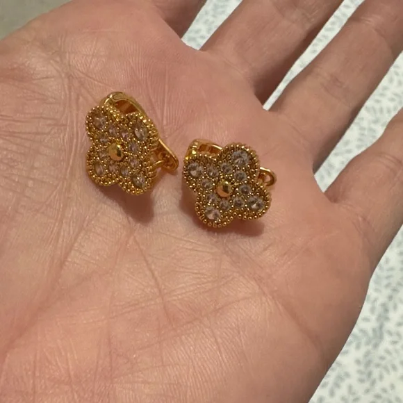 Gold Crystal Clover Stud Earrings - Women's Jewelry - Picture 3 of 3